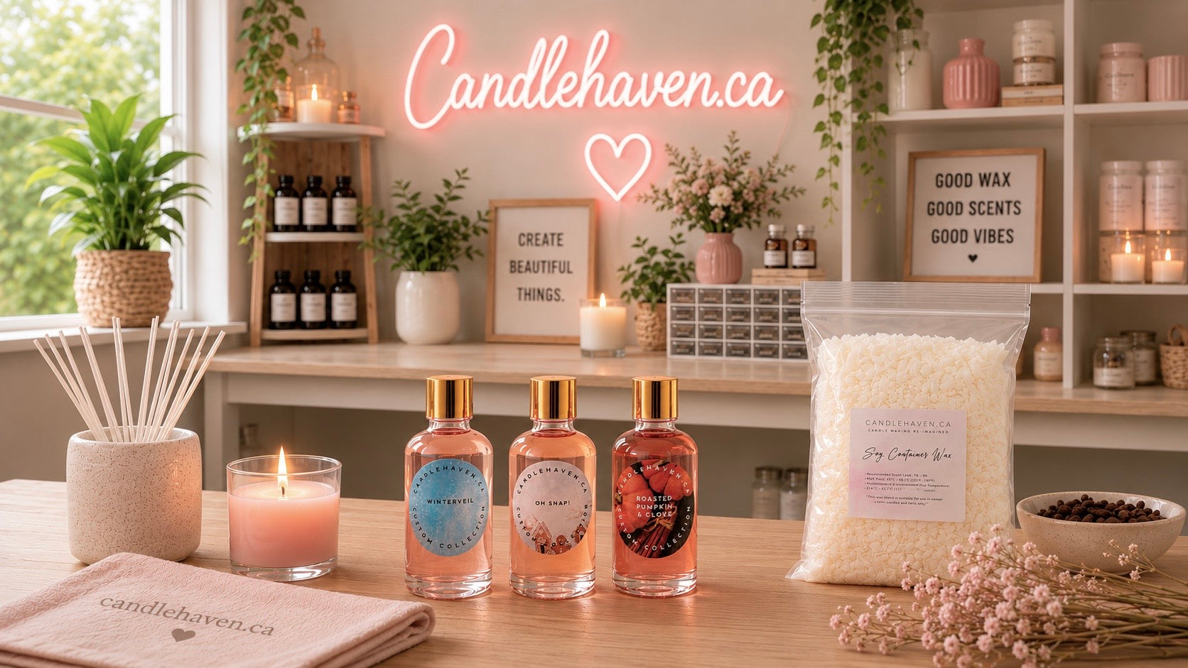 Candlehaven candle making supplies workspace featuring fragrance oils, soy container wax, cotton wicks, and handcrafted candles in a bright creative studio.