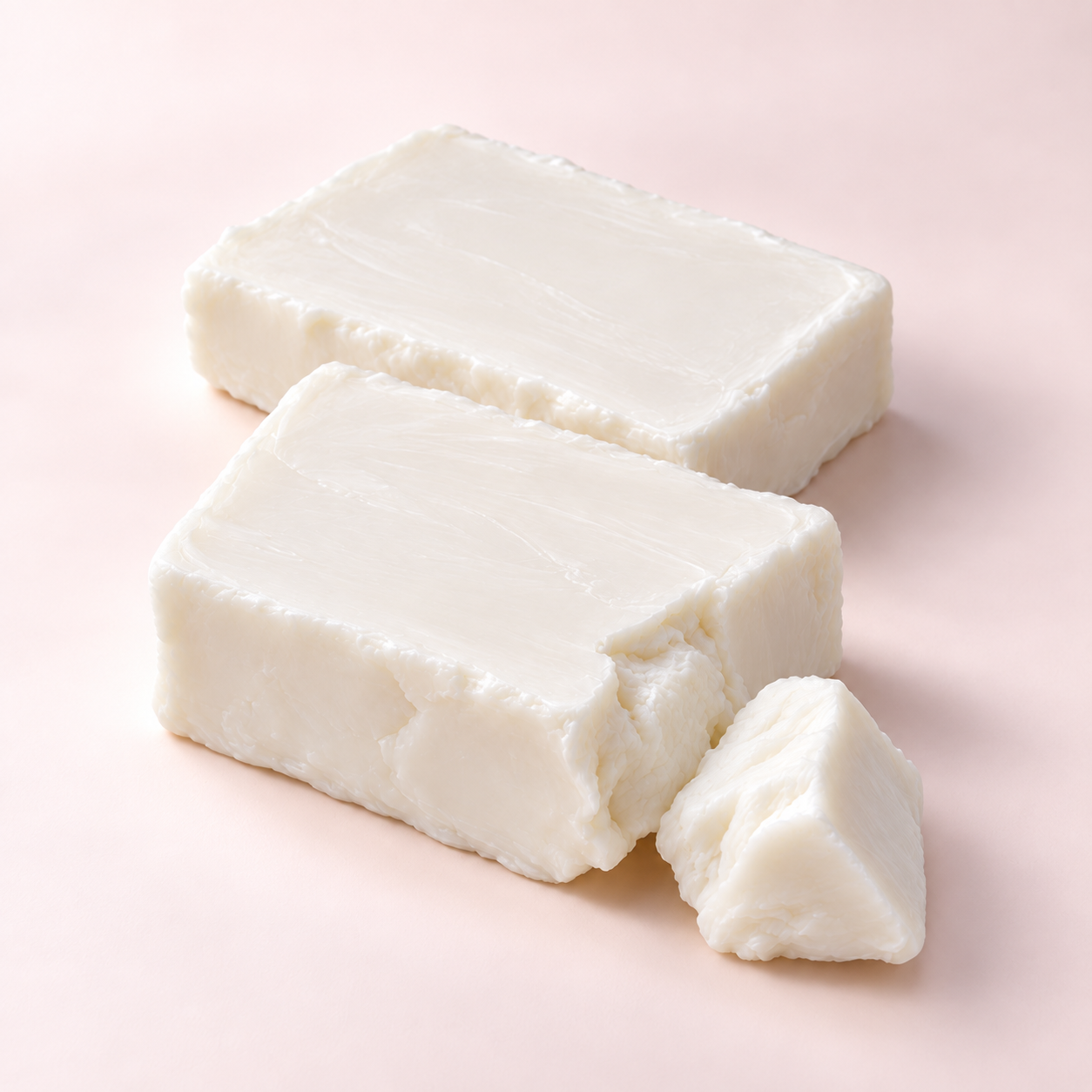 Two thick slabs of creamy white Ceda Serica coconut apricot candle wax on a pale blush background