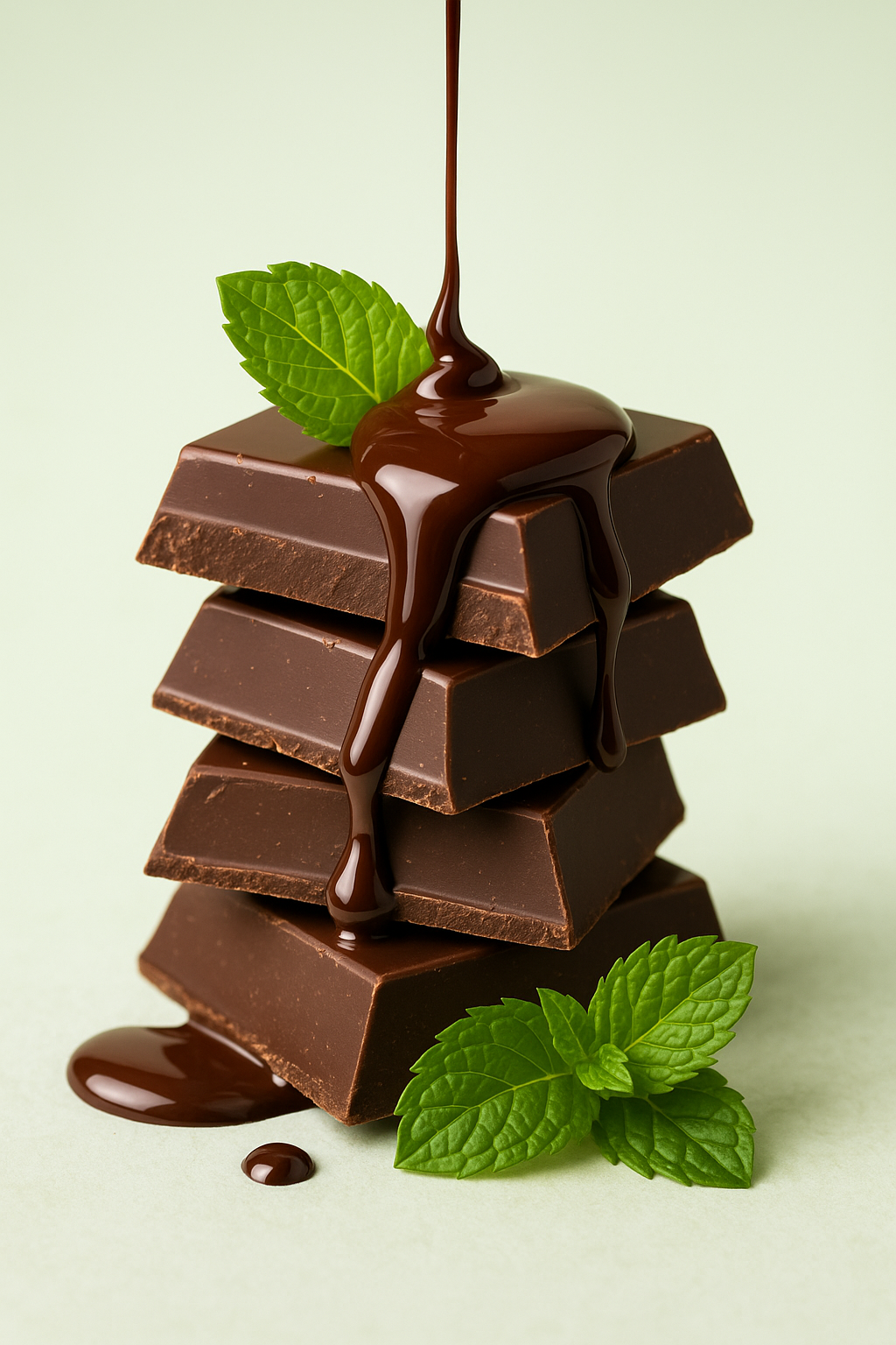 Stack of chocolate bars with mint leaves on a light background | Mint chocolate fragrance  meltdown oil for candle making