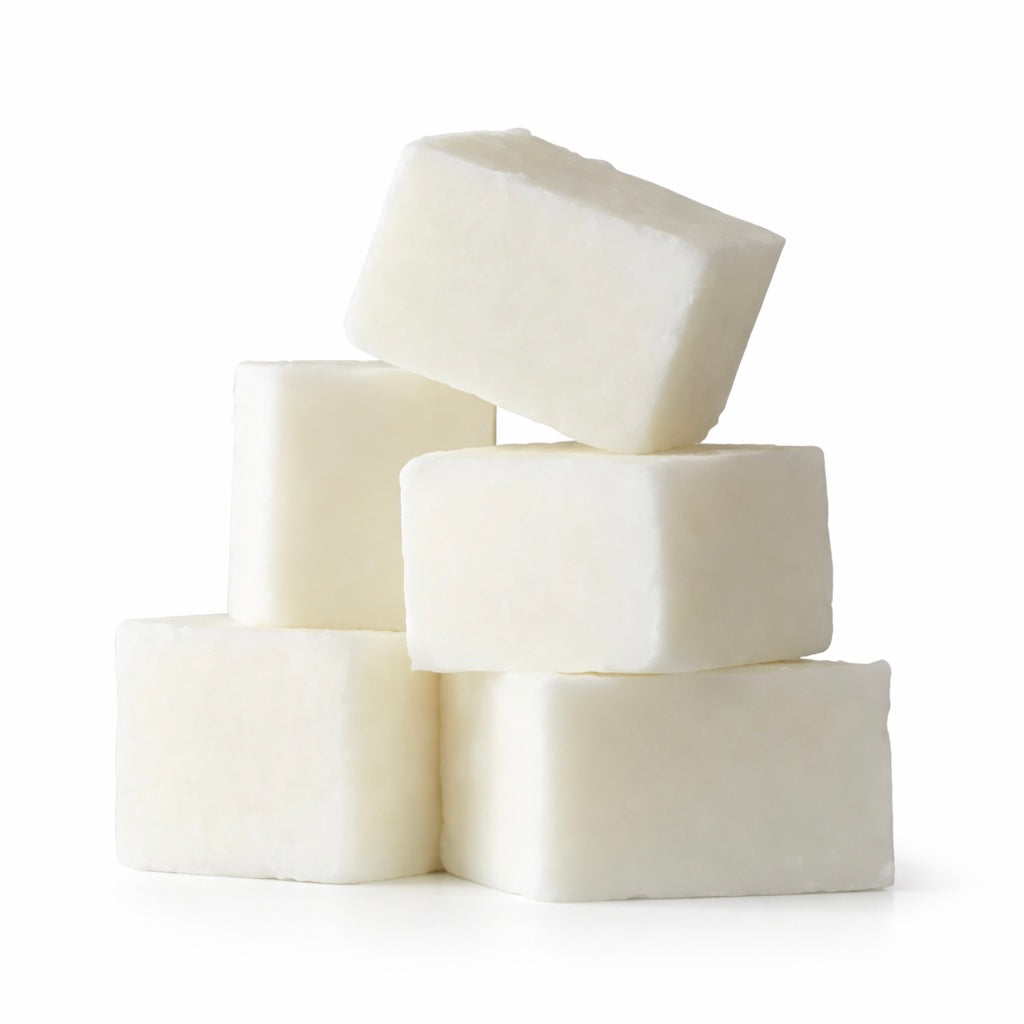 Stack of white coco apricot wax slabs from candlehaven on a white background