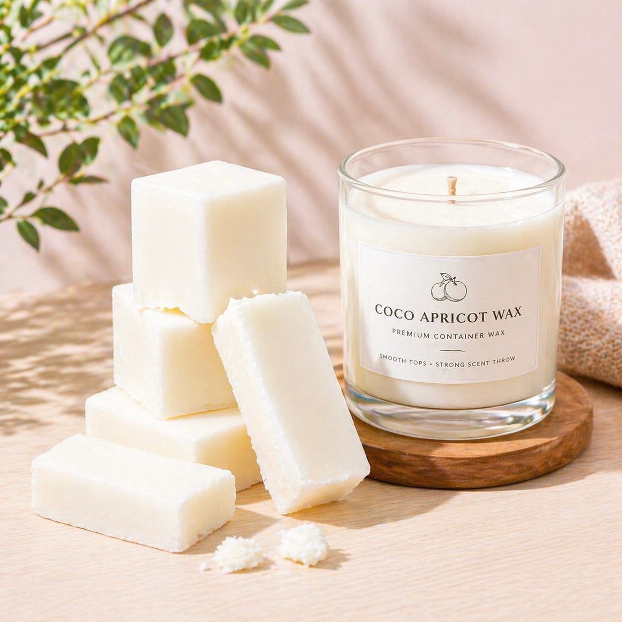 Coco apricot wax for candle making with creamy texture and smooth top container candle finish