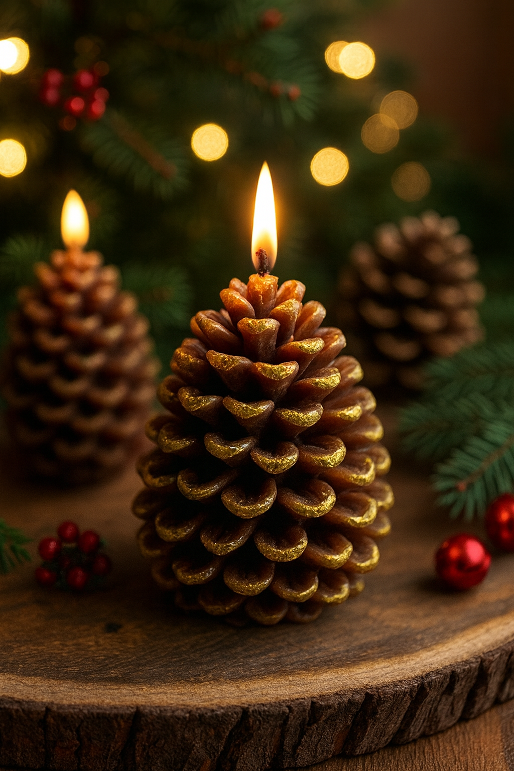 Pine cone candles with a blurred Christmas tree in the background made with a pinecone silicone mold used in candle making in Canada