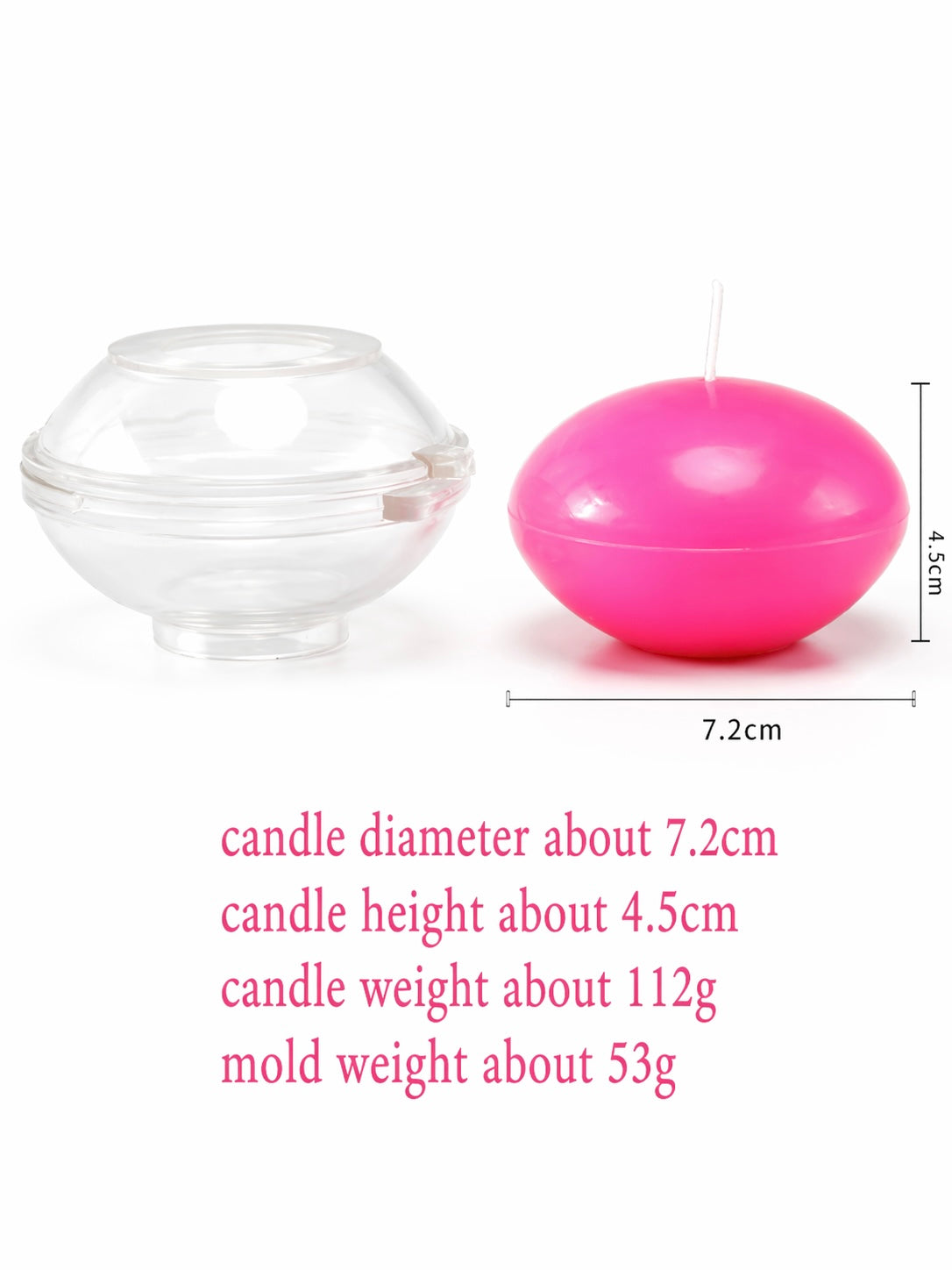 Pink floating candle and clear floating candle mold with dimensions and weight information on a white background