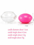 Pink floating candle and clear floating candle mold with dimensions and weight information on a white background
