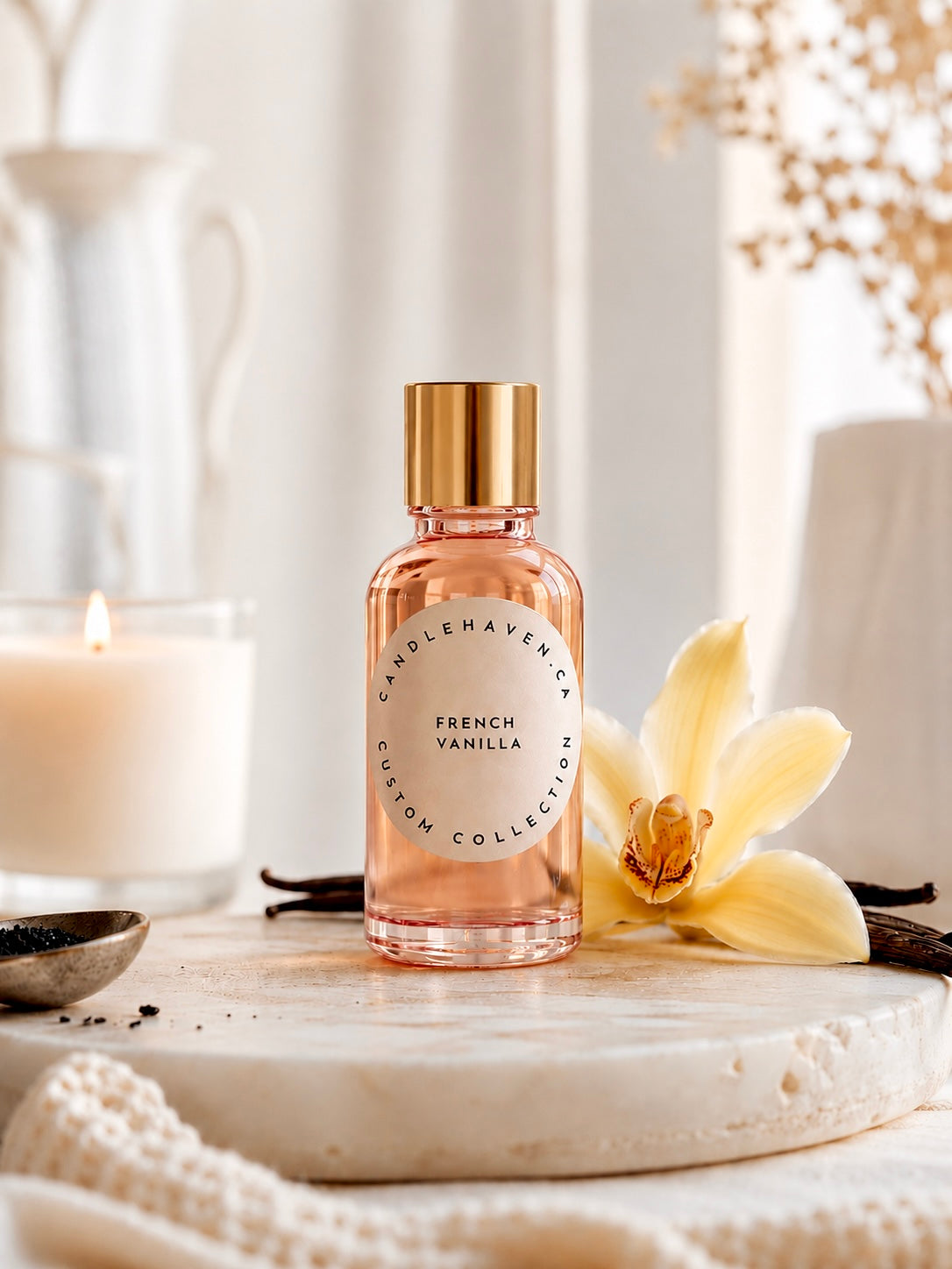 French Vanilla fragrance oil by Candlehaven in a soft neutral styled hero shot with vanilla orchid, vanilla beans, and warm candlelight for candle making supplies in Canada.