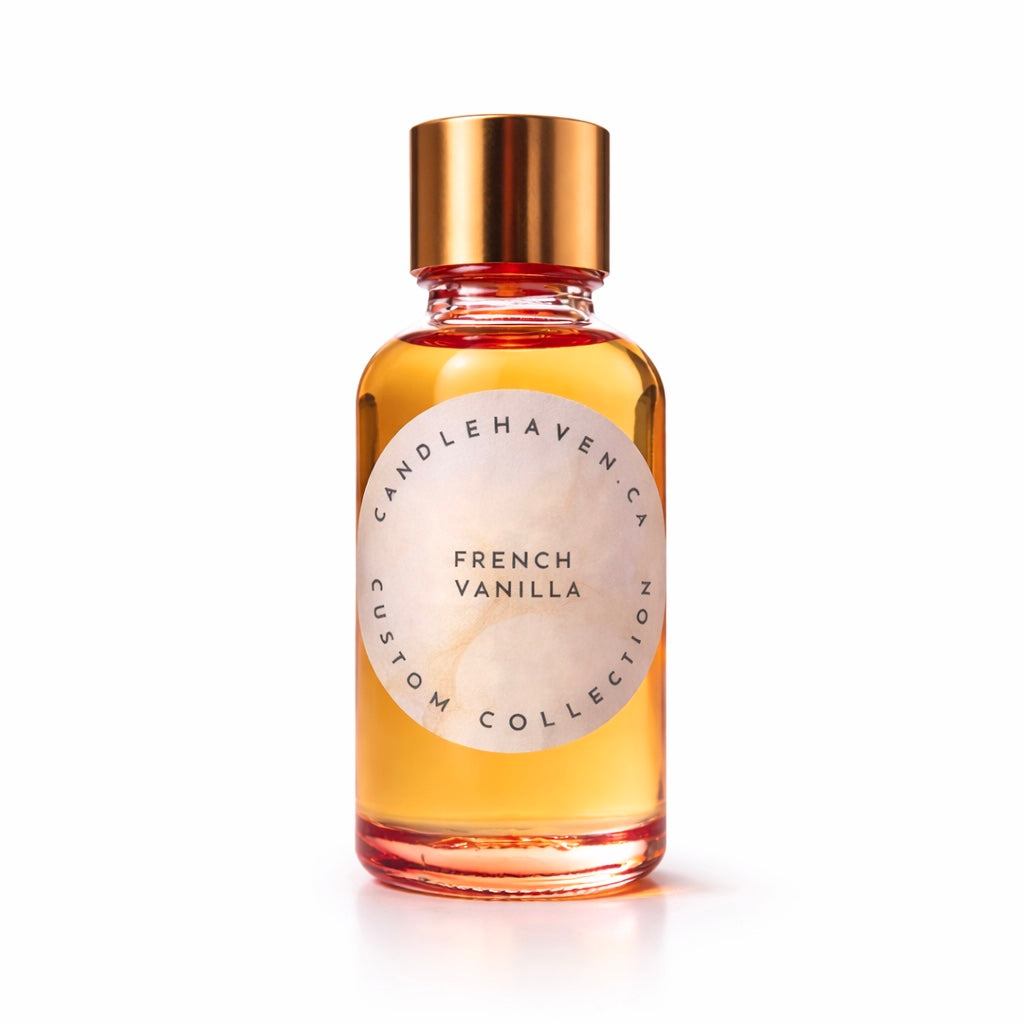 Bottle of 'French Vanilla' candle fragrance oil from candlehaven candle supplier with a gold lid on a white background