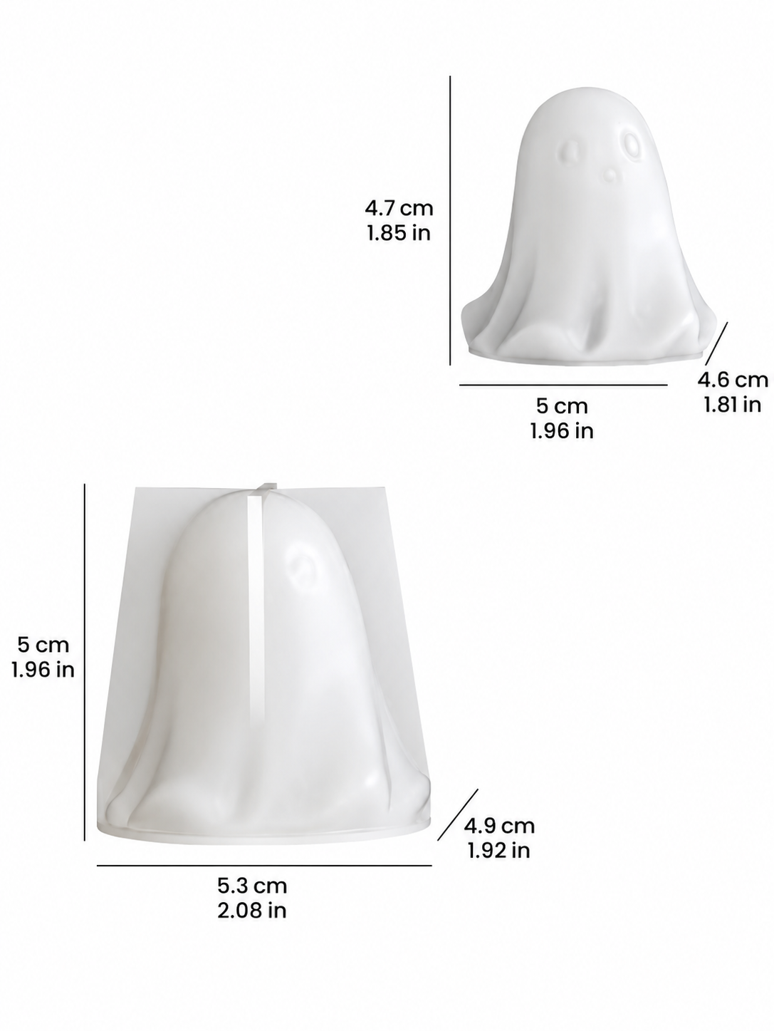 White ghost-shaped silicone mold for candle making with dimensions labeled on a white background