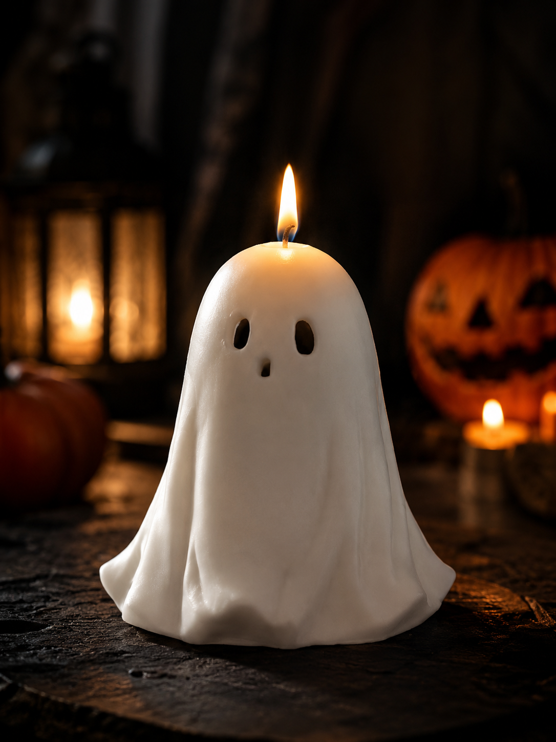 Ghost-shaped candle with a pumpkin and lantern in the background