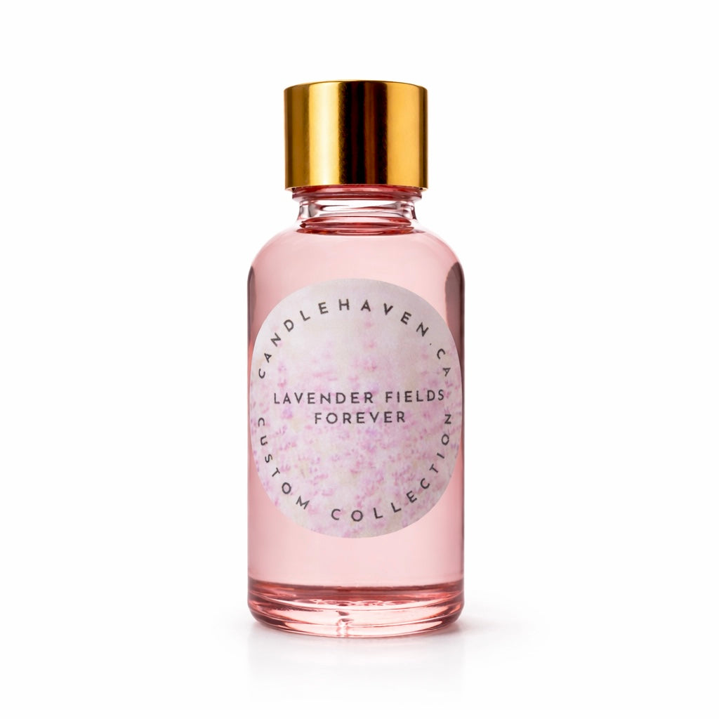 Pink bottle from candlehaven with gold cap labeled 'Lavender Fields Forever' on a white background