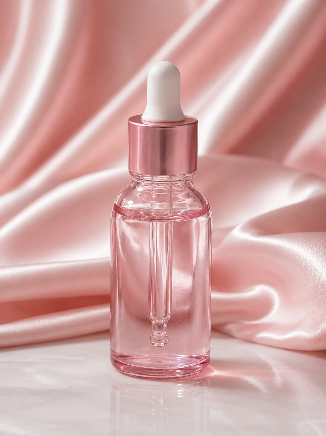 A clear glass dropper bottle filled with pink liquid, featuring a metallic rose gold collar and a white rubber dropper top, set against a draped pink satin fabric background.