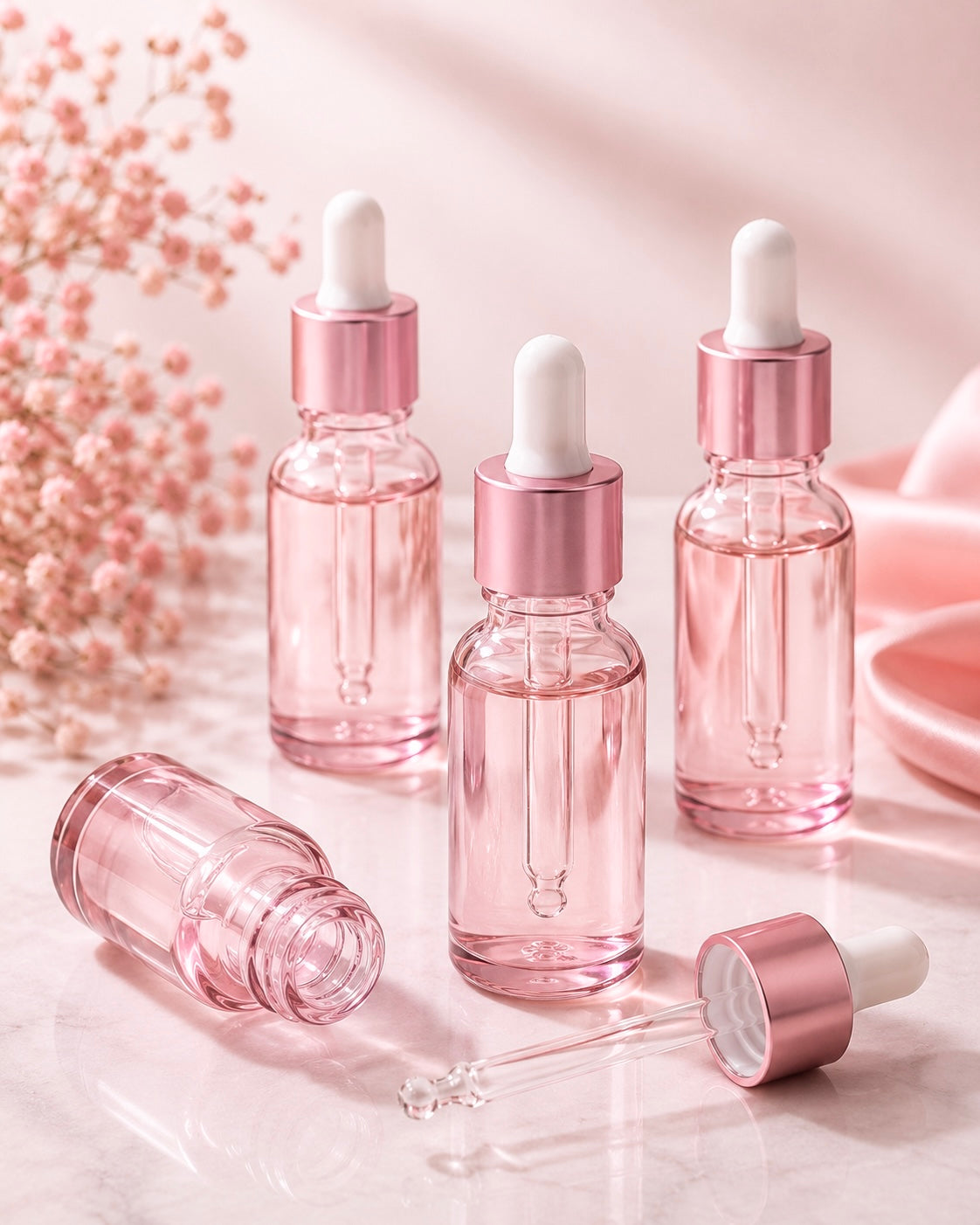 Three pink glass dropper bottles with metallic rose gold caps and white droppers, arranged on a light marble surface with soft pink floral decor in the background.