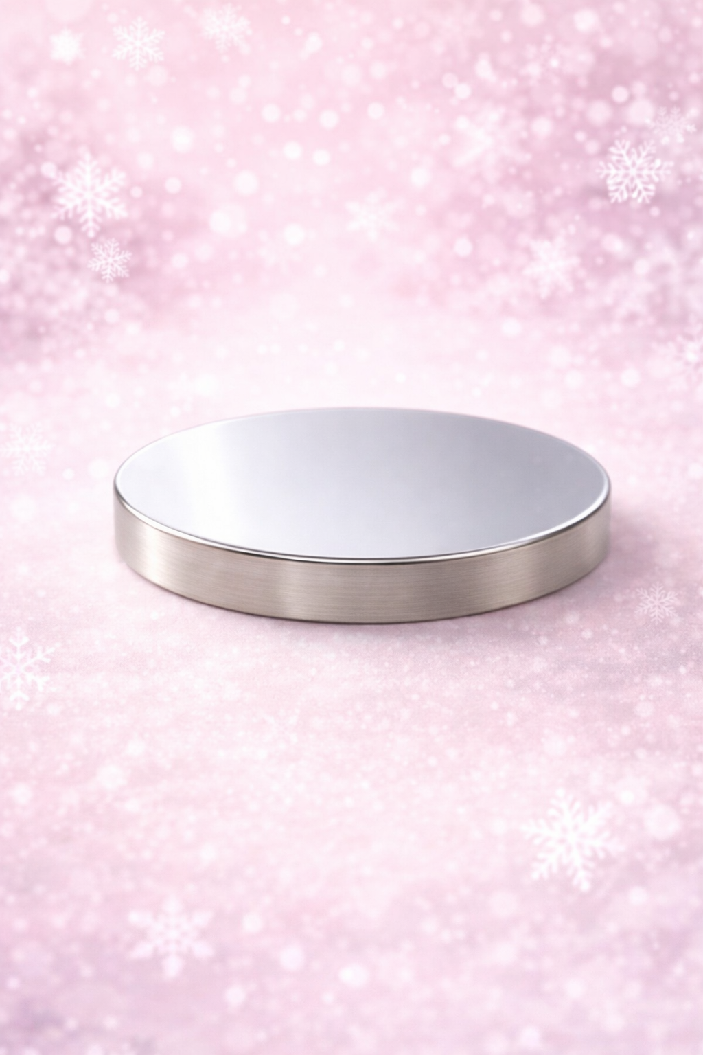 Round silver candle jar lid on a pink glittery background