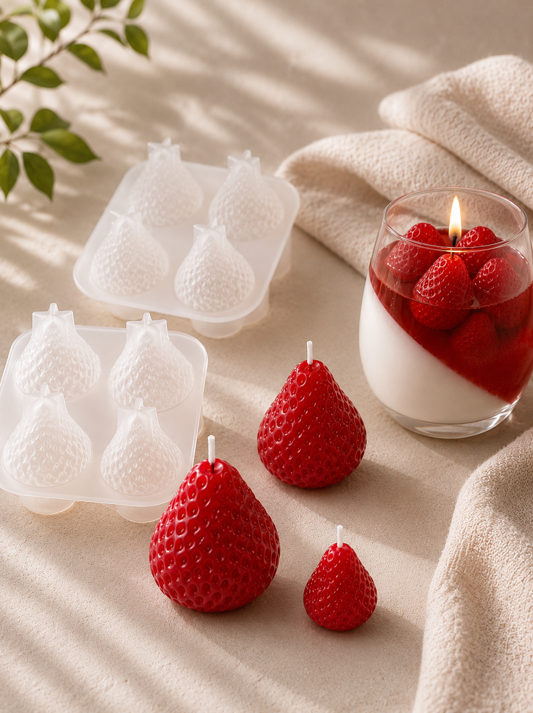 Red strawberryshaped candles with a lit candle in a glass on a beige surface.