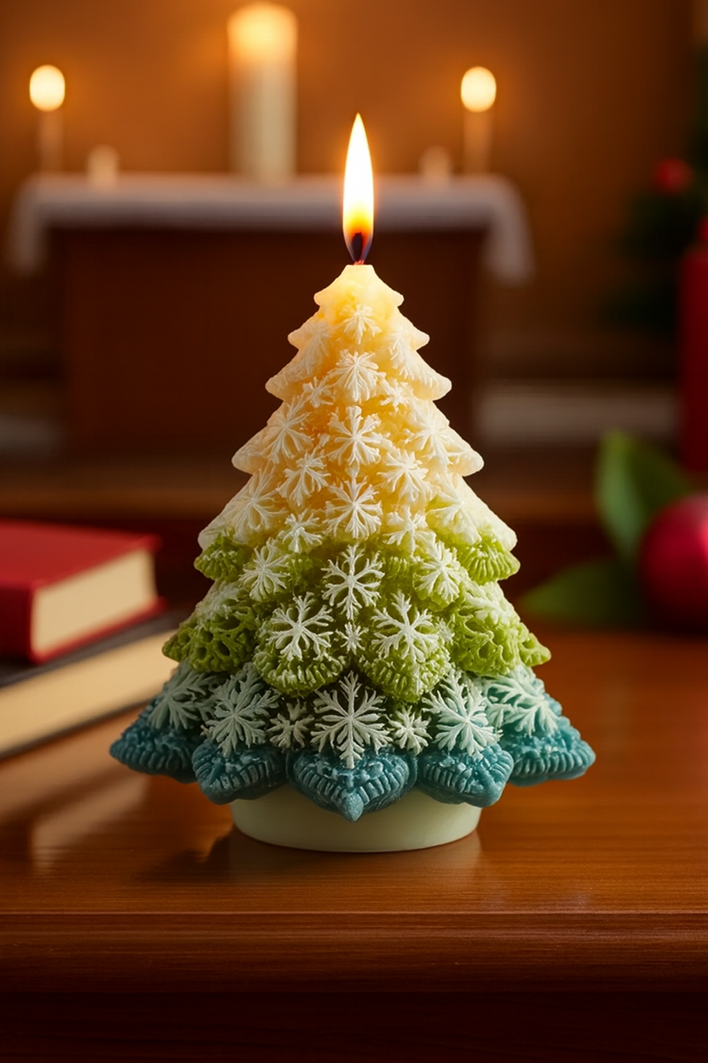 Decorative candle shaped like a Christmas tree with snowflake design on a wooden surface made with a Snowflake Tree Silicone Mold from Candlehaven.ca, used for candle making in Canada.